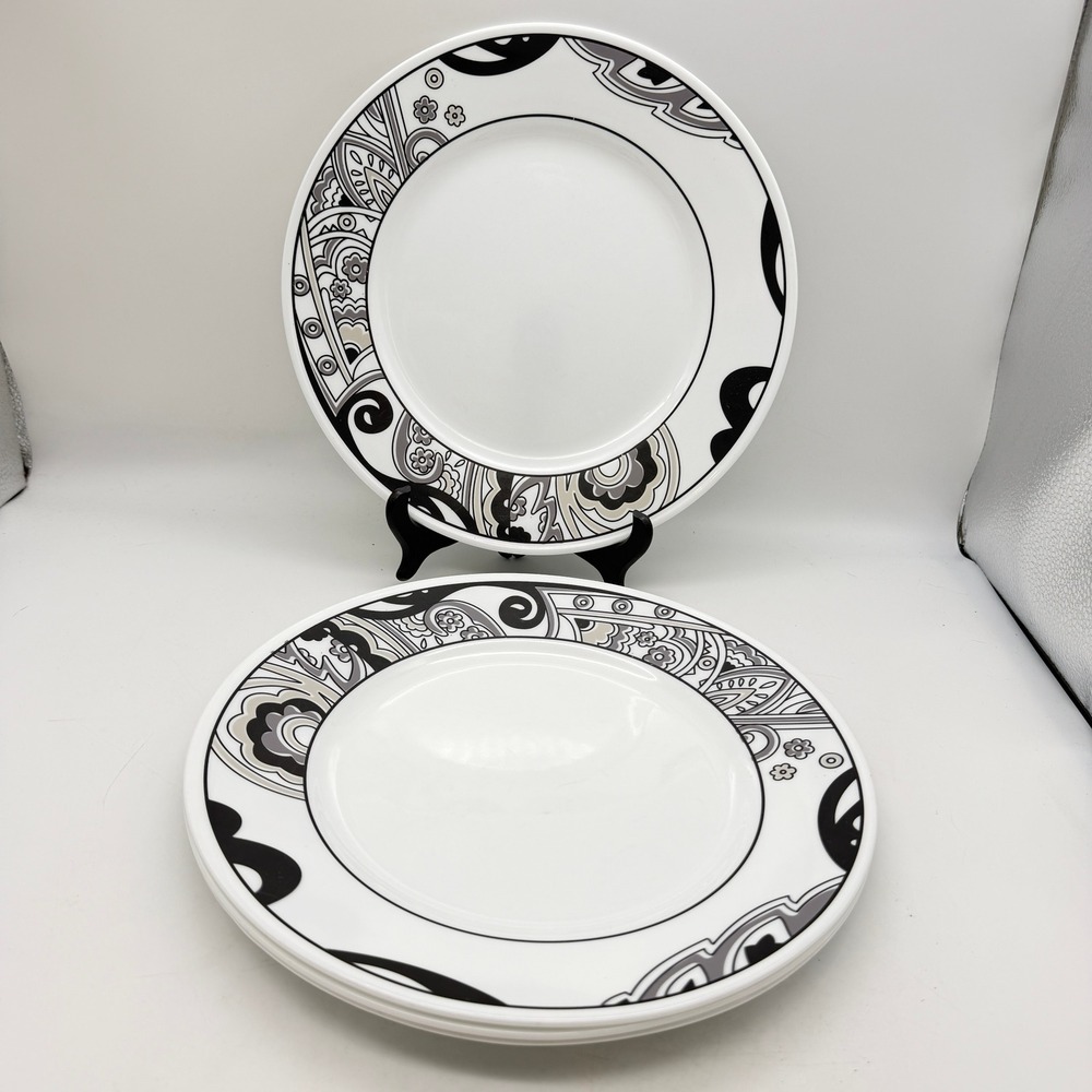 Corelle Lia Dinner Plates Set of 4 Black Gray Paisley Vitrelle Glass 10.25 in